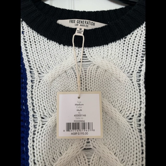 New Free Generation Fringe Sweater Cable Knit Blue White Black Colorblock Size M - Picture 13 of 16